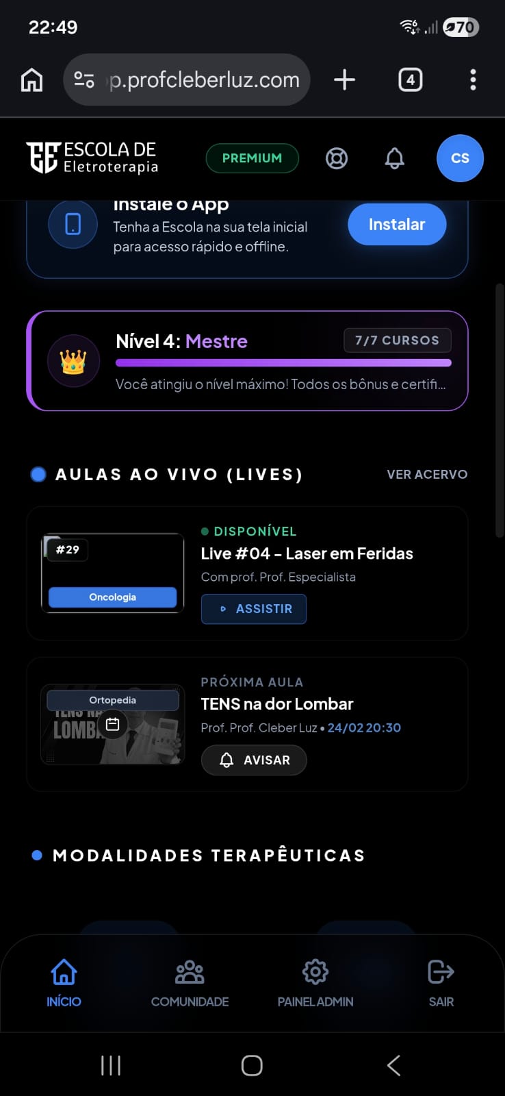 Aulas ao vivo no app